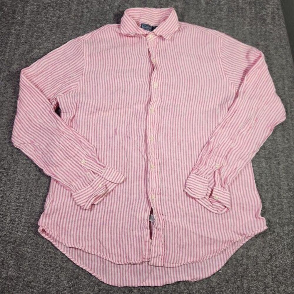 Polo Ralph Lauren 100% Linen Pink White Pin Stripe Button Up Shirt Mens Large